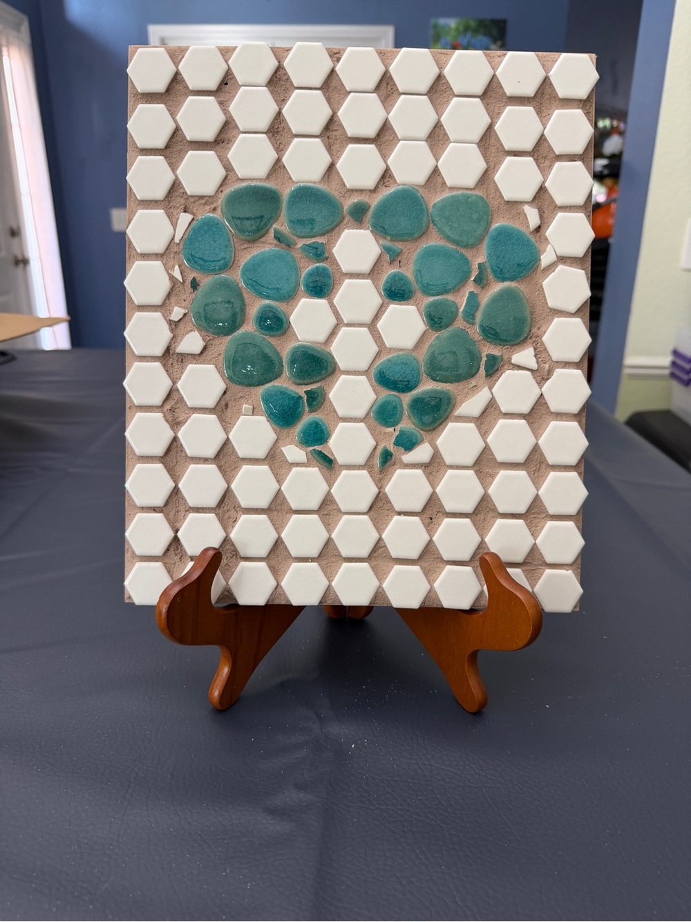 Teal Heart Mosaic Hex Tile Wall Art - Handmade Home Decor